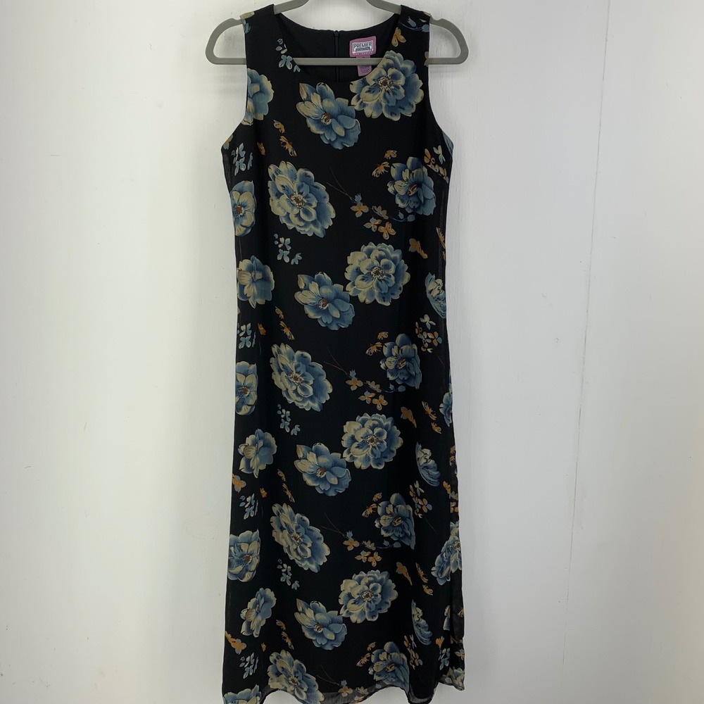 Vtg 90s Whimsigoth Grunge Black Blue Floral Y2K Sleeveless Maxi Dress Medium